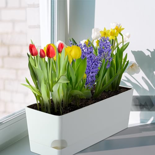2 Pack Self Watering Pots for Indoor Plants 17 Inches Window Boxes Planters Rectangular Flower Pots Rectangle Herb Pots Large Plant Pots with Drainage Holes and Saucers Windowsill Planter, White - color: White