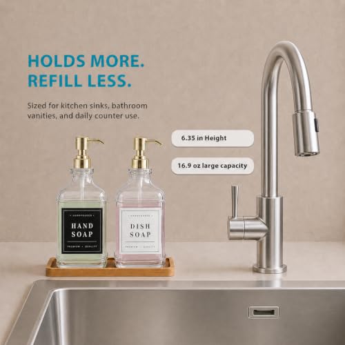 Clear Glass Soap Dispenser Set: Modunful 2 Pack 16.9oz Countertop Soap Dispenser with Bamboo Tray, Silicone Funnel & 60 Waterproof Stickers - for Kitchen Bathroom - color: Dm2647-gold