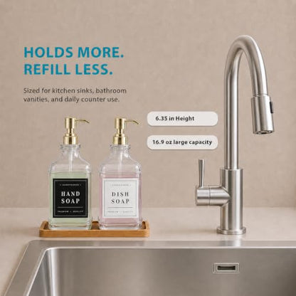 Clear Glass Soap Dispenser Set: Modunful 2 Pack 16.9oz Countertop Soap Dispenser with Bamboo Tray, Silicone Funnel & 60 Waterproof Stickers - for Kitchen Bathroom - color: Dm2647-gold