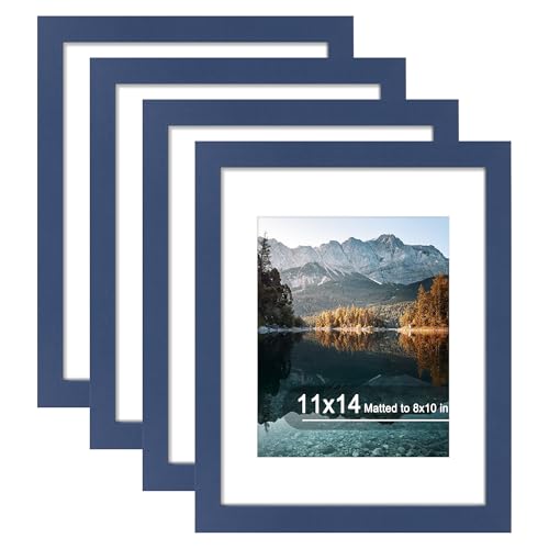 11x14 Picture Frame Set of 4 with Real Glass, Wall Mount | Displays 8x10 with Mat or 11x14 without Mat, Crystal-Clear Viewing for Family Photos and Gallery Walls, Blue - color: Blue, size: 11x14 in