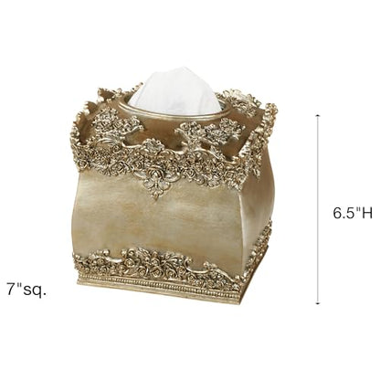Victoria Rose Tissue Cover, Satin Gold | Resin, Handpainted, Dimensional Flowers, Blooms, and Scrolls, Scalloped Edges, Holds Boutique Size Tissue Box