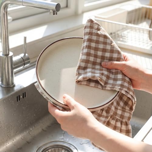 HunnmingRe Taupe Kitchen Towels Set of 2, 100% Cotton Ruffled Gingham Dish Towels 18"x28" Tea Cloths Classic Plaid Pattern for Farmhouse Charm, Drying Dishes, Entertaining Guests - color: Taupe, style: Gingham