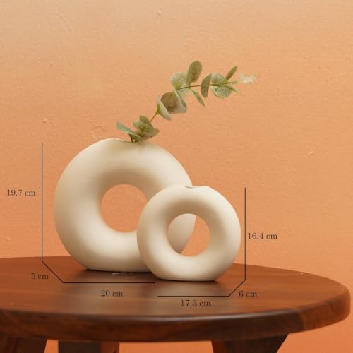 DESI SAMAAN Store Unique White Ceramic Donut Vases | Decorative Donut Vase for Dried Flowers & Pampas Grass (Set of 2) (6 & 4 Inches (Ring Donut VASE)) - size: 6 & 4 Inches (RING DONUT VASE )