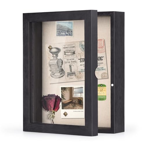 SZQINJI 8x10 Shadow Box Frame Memory Box with Glass Magnetic Door Black | Flower Shadow Box, Display Case with Linen Back for Memorabilia Awards Medals Photos Rustic Black Wall and Tabletop - color: Rustic Black, size: 8x10