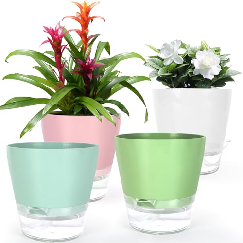 4 Pcs Self Watering Plant Pot , 6 inch Plant Pot with Drainage Hole and Large Capacity Reservoir, Pots for Plants with Saucer, 2 in 1 Indoor Plant Pots indoor Perfect for Living Room, Odorless - color: Self Watering 4 Pack