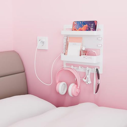 Bedside Wall Organizer for Dorm Bed,Rv,Small Room and Nightstand,Wall Mounted Floating Shelves and Bedside Shelf for Remote,Phone Holder,Charging Shelf,Cute Bedroom Decor for College Girl,White