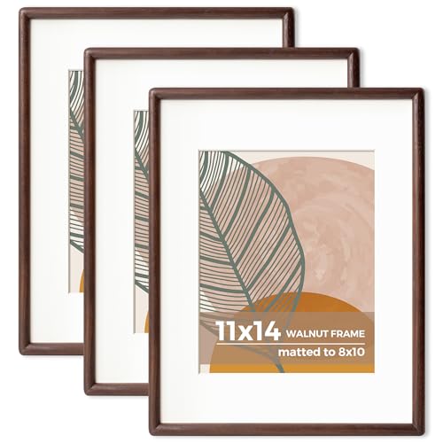 11 x 14 Walnut Frame Set of 3 - Rounded Corner 11x14 Picture Frame Matted to 8x10 - Natural Walnut Wood 14x11 Photo Frame with Tempered Glass for Wall Mount Display - color: Walnut, size: 11x14 - 3P