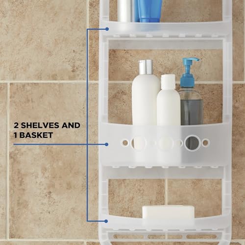 Shower Caddy Hanging, Large Heavy Duty Plastic Shower Organizer with 2 Shelves and 1 Deep Basket, White