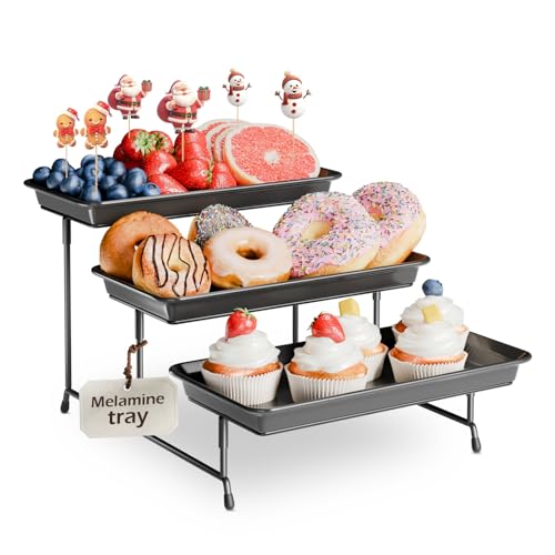 Bumusty 3-Tier Melamine Serving Tray Set, 11.5 x 5.6 in, Black Platters | Melamine Reusable Platters with Metal Display Stand for Cupcakes, Desserts, Fruit, Cookies, Parties, Birthdays and Holidays - color: Black Stand, size: 11.8" x 5.7"