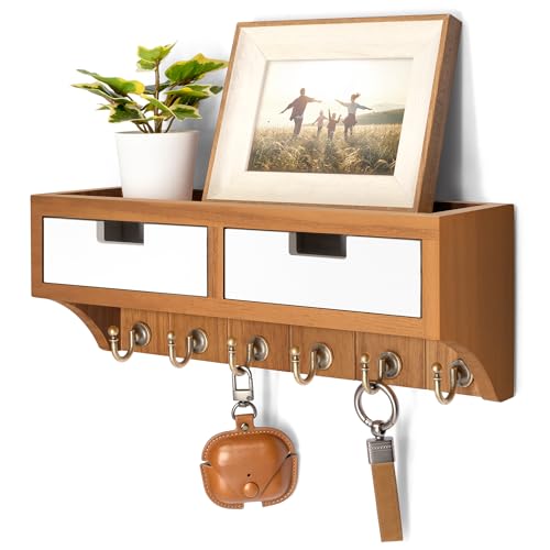 Rebee Vision Key Holder Wall Mount for Room Decor, Light Brown & White | Key Holder for Wall, Mail Organizer, 6 Key Hooks, Wall Shelf, 2 Drawer Organizer, Apartment Organization Essentials - color: Light Brown & White, style: 2-Drawer