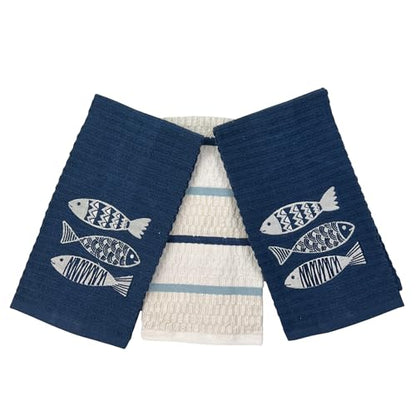 Coastal Kitchen Towels- Set of 3 Navy Blue 100% Cotton Embroidered Fish Design - 16 x 26 Multipurpose Towels for Everyday Use - color: Fish Trio