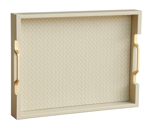 HofferRuffer Faux Leather Rectangle Serving Tray Decor Platter with Gold Metal Handles for Coffee Table, Breakfast, Tea, Food, Countertop, Kitchen, Butler Tray, 16.2 x 12.2 x 2 inches (Cream White) - color: Cream White