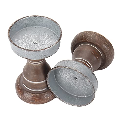 GenMous&Co. Decorative Candle Holders Pedestal Rustic Wood for Pillar Candle Farmhouse Candlestick Holder Galvanized Plate for Mantel, Dining Table, Centerpiece,Coffee Bar,Set of 2（Brown