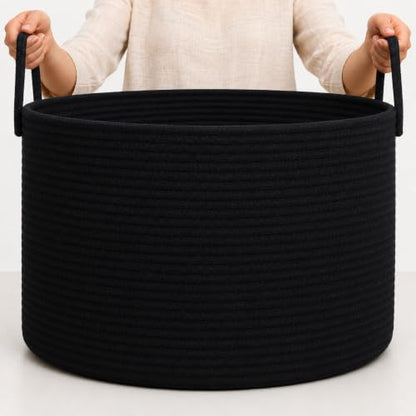OrganiHaus Round Toy Basket & Blanket Basket, Cotton Rope 20x13" | Full Black - Round Cotton Rope Basket, 20x13" - color: Full Black, size: Wide