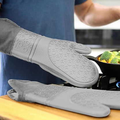 BPA-Free Soft Silicone Oven Mitts - Ultra Heat Resistant Oven Mitts with Thick Cotton Liner - Extra Long Slip Resistant Pot Holders, Flexible Oven Gloves - Gray 14.7" - color: Gray, size: 2-Piece 14.7" Oven Mitts