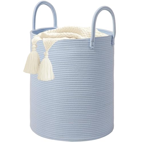 Large Woven Laundry Basket Hamper,60L Cotton Rope Storage Basket for Blankets in living room,Decorative Tall Nursery Hamper for Toys and Clothes,Baby Basket,Blue - color: Blue