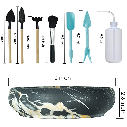 ARTKETTY Succulent Pots, 10 Inch Large Bonsai Pots with Drainage Stand | Shallow Planters for Cactus Flower Plants Plus Succulent Planting Tools Set & 2.2lb Mix Pebbles - color: Black With Tools