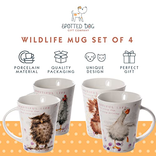SPOTTED DOG GIFT COMPANY Animal Coffee Mugs Set of 4, 12.2 oz Ceramic Mugs & Tea Cups with Owl Squirrel Chicken Goose Designs, Microwave & Dishwasher Safe, Animal Lover Gifts for Women & Men