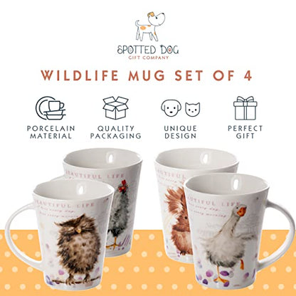 SPOTTED DOG GIFT COMPANY Animal Coffee Mugs Set of 4, 12.2 oz Ceramic Mugs & Tea Cups with Owl Squirrel Chicken Goose Designs, Microwave & Dishwasher Safe, Animal Lover Gifts for Women & Men