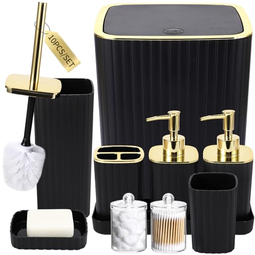 XLHOMO Bathroom Accessories Set - Gorgeous Black Bathroom Set, 10PC Bathroom Accessory Set, Toilet Brush, Trash Can, Qtip Holder & Soap Dispenser - size: Bath Set, style: Black&Gold