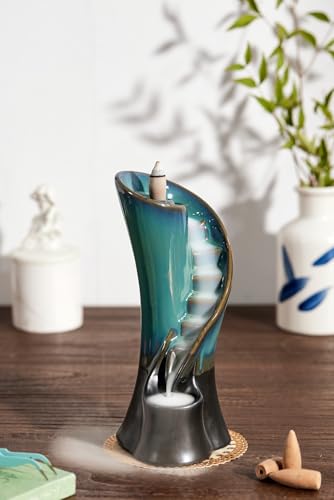 Unique Cloud Stairs Ceramic Waterfall Incense Holder, Paired with a Pack of Backflow Incense Cones. (Blue) - color: Blue