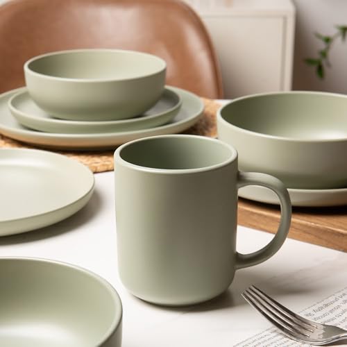 12-Piece Stoneware Dinnerware Set with Mugs | Microwave and Dishwasher Friendly | Stackable Matte Glaze Plates & Bowls | Service for 3 (Green for 3) - color: Green for 3