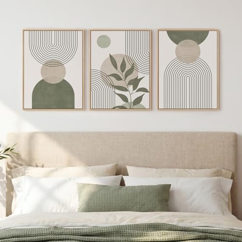 Framed Sage Green Boho Wall Art Bedroom, 3 Piece Beige Bohemian Canvas Paintings Prints Artwork for Walls, Minimalist Geometric Leaf Line Pictures for Living Room Hallway Kitchen Wall Decor, 12x16 In - color: Green Beige Boho-Wood Framed, size: 12" W x 16