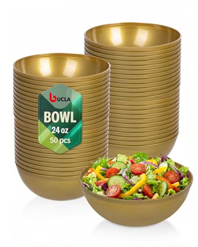 bUCLA 50 Pack Gold Plastic Serving Bowls - 24oz Disposable Bowls for Salad, Cereal, Dessert, Fruit, Chip & Soup - Ideal for Wedding & Party - color: Gold, size: 24oz