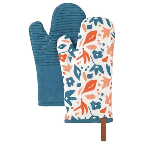Folkulture Oven Gloves, Oven Mitts with Hanging Loop - Set of 2 (12"x5.5") | Cute, Blue & White Floral, 100% Cotton, Silicone, Heat Resistant, Green, Cooking Gifts for Women, BBQ, Baking, Kitchen Décor - color: Deep Sea Coral