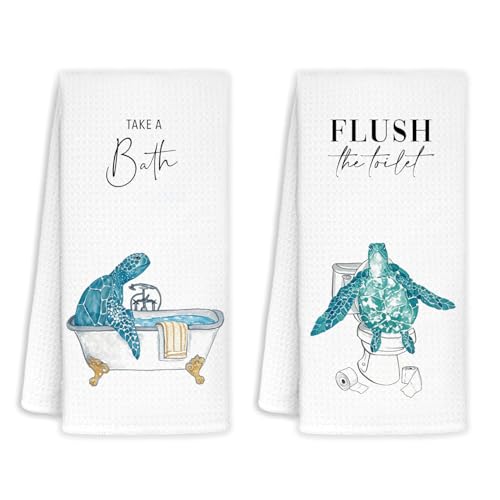 Jvpke Funny Blue Sea Turtle Decorative Bath Hand Towels - Bathroom Decor, Bath Hand Towels, Gifts for Women, Flush The Toilet Sign 16x24 in - Set of 2 - color: Ocean12