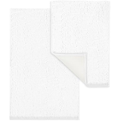 LINLA Bathroom Rugs Sets 2 Piece, Absorbent Soft Chenille Bath Mat, White | Non-Slip ,Quick Dry, Washable, Carpet Mats for Floor, Tub and Shower,32" x 20"/24" x 17" - color: White