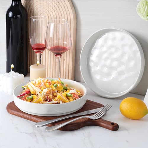 LIANYU 8.25" Wide Shallow Pasta Bowls Set of 4, Deep Dinner Salad Plates | Large Ceramic Serving Bowls Plates, Microwave & Dishwasher Safe, Polar White - color: Polar White