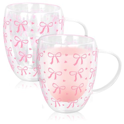 JarThenaAMCS Pink Bow Double Wall Glass Coffee Mugs 12Oz Cute Bowknot Heart Insulated Glasses Clear Espresso Cups with Handle for Home Holiday Supplies, Set of 2 - style: Pink Bow Heart