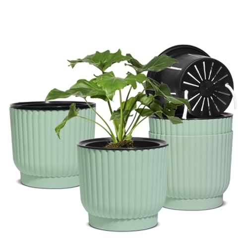 T4U Self Watering Pots for Indoor Plants, 7 Inch 4 Pack Planter Green | African violet pothos ferns, Herb garden kitchen, Bottom feed reservoir, Easy care maintenance - color: Seafoam Green, size: 7 Inch
