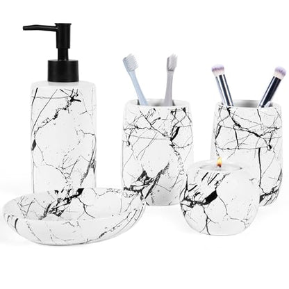 Ceramic Bathroom Accessory Set, 5-Piece Bathroom Accessory Set, Soap Dish, Toothbrush Holder, Soap Dispenser, Bathroom Tumbler & Candle Holder - Modern Bathroom Organizer, (White & Black) - color: White and Black