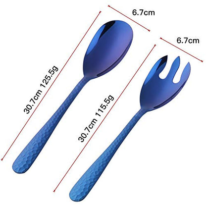 Salad Spoon and Fork Set, 12 Inch Stainless Steel Salad Server, Blue Large Serving Utensils, Dishwasher Safe, Pack of 2 - color: Blue