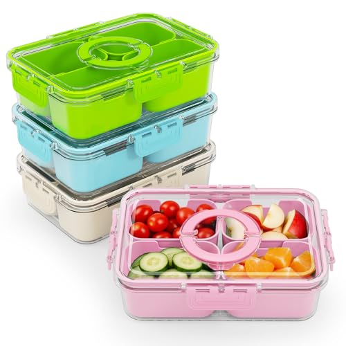 Small Snack Box Containers for Adults Men Women with 4 Compartments,Reusable Bento Box Adult Food Trays for Fruit,Charcuterie,Pink Lunch Box Divided Serving Tray with Lid and Handle for Work Travel - color: Pink 4 Compartments with Handle (1pcs)