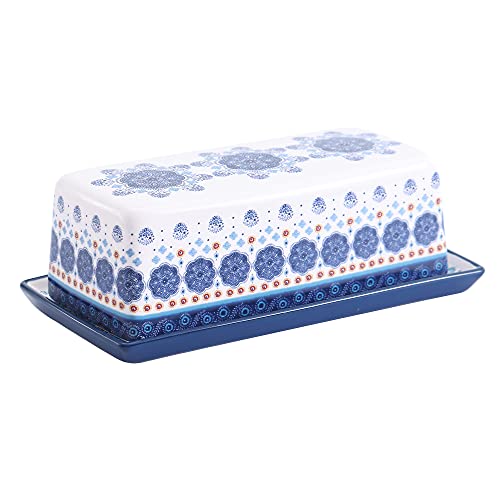 Bico Blue Talavera Ceramic Butter Dish with Lid, Wide Butter Keeper for Counter, Kitchen Countertop, Microwave and Dishwasher Safe - color: Blue Talavera
