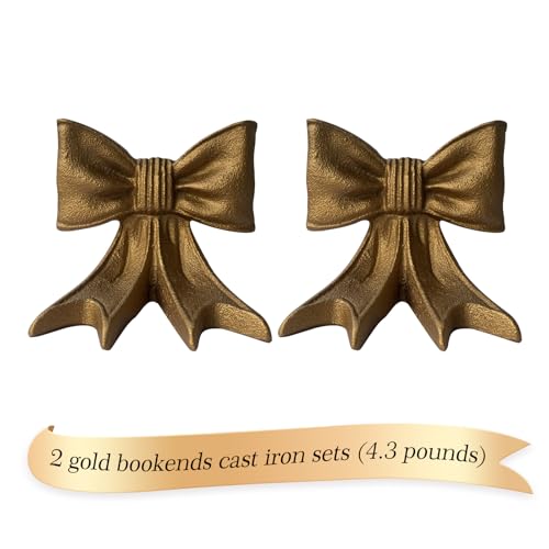 Gold Bow Bookends, Set of 2 Heavy-Duty Metal Book Ends for Heavy Books, Decorative Book Ends Holders for Shelves, Modern Home Office Desk Accent Decor(4.3 Pounds)