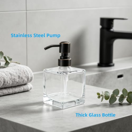 Hand Soap Dispenser Square with Oil Rubbed Bronze Pump, 8.4 oz Liquid Clear Glass Soap Dispenser with Stainless Steel Pump for Dish Soap Bathroom Kitchen Vanity Countertop - color: Oil Rubbed Bronze, size: 8.4 oz