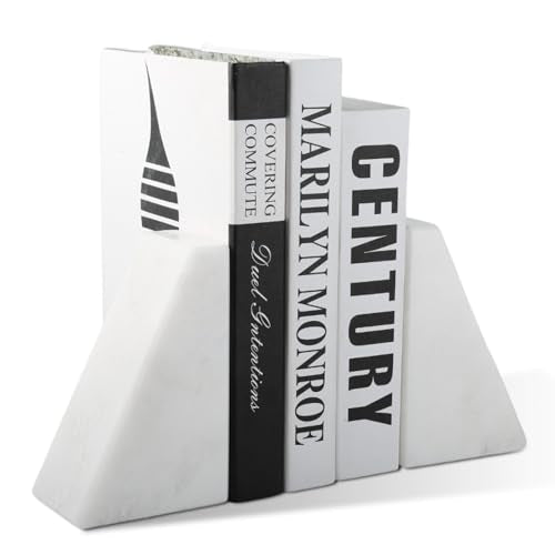 Karibiber Marble Book Ends Decorative, Unique Bookends for Shelves, White Stone Bookends Holds Heavy Books, Weighted Book Holder Stopper for Home Office Desk Bookshelf Decoration, Set of 2 - color: Fantasy White