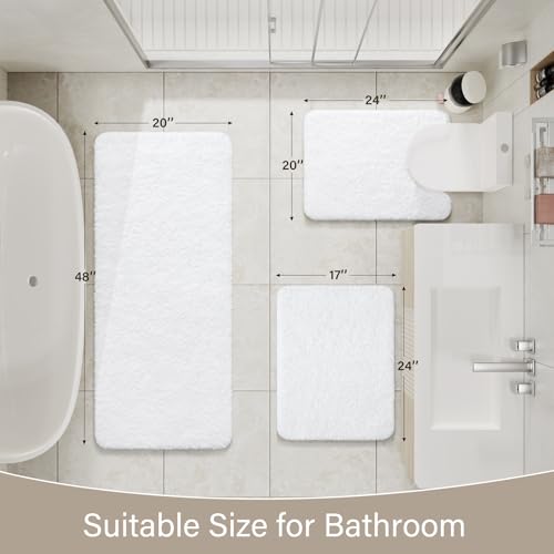 LOCHAS Bathroom Rugs Sets 3 Piece, Long Bath Mat Set Non Slip, White | Washable Absorbent Toilet Rug, Shaggy Soft Cozy Quick Dry - color: White, size: 48" x 20" + 24" x 17" + U Shape 24" x 20"