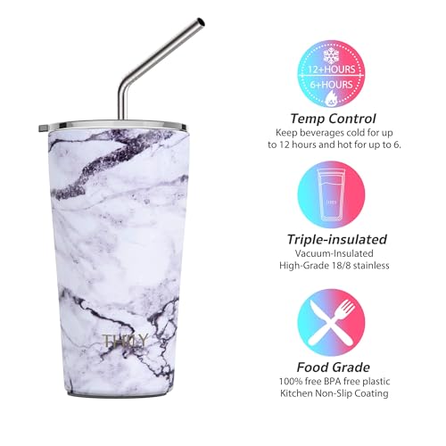 THILY Stainless Steel Vacuum Insulated Tumbler Travel Mug 20 oz Coffee Cup with 2 Lids and Straws, Splash Proof, Keep Ice Drinks Cold, White Marble - color: White Marble, size: 20 Ounce (Pack of 1)