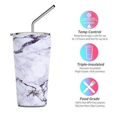 THILY Stainless Steel Vacuum Insulated Tumbler Travel Mug 20 oz Coffee Cup with 2 Lids and Straws, Splash Proof, Keep Ice Drinks Cold, White Marble - color: White Marble, size: 20 Ounce (Pack of 1)