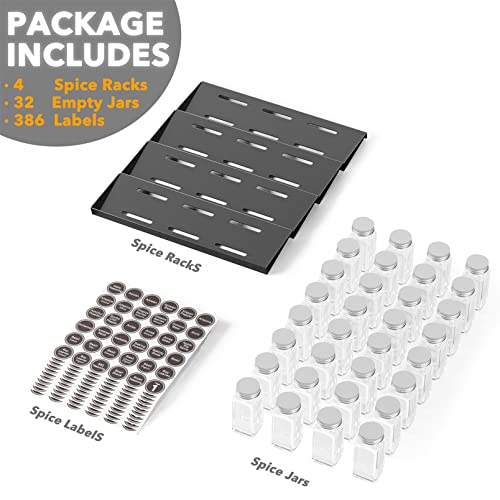 SpaceAid Spice Drawer Organizer with 32 Spice Jars, 386 Spice Labels, 4 Tier Seasoning Rack Tray Insert for Kitchen Drawers, 15" Wide x 17.5" Deep - size: 32 Jars, 15" Wide