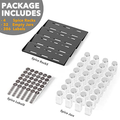 SpaceAid Spice Drawer Organizer with 32 Spice Jars, 386 Spice Labels, 4 Tier Seasoning Rack Tray Insert for Kitchen Drawers, 15" Wide x 17.5" Deep - size: 32 Jars, 15" Wide