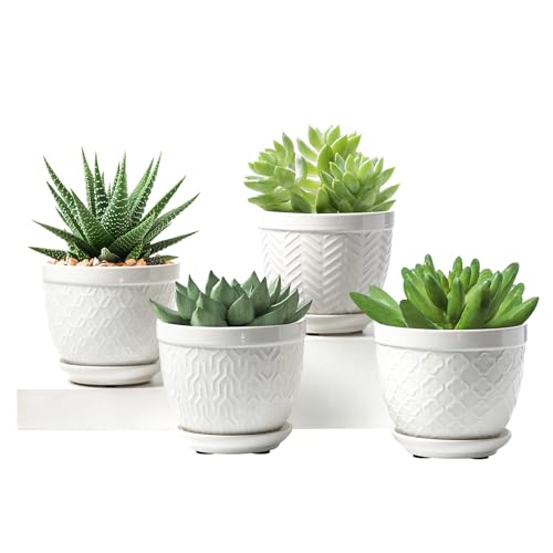 Sureasy Ceramic Plant Pots, 4.7 Inch Flower Pots for Indoor Plants, Succulent Pots with Saucer and Drainage Hole, Decorative Planter for Succulent, Cactus, Set of 4, White - color: White, size: 4.7 inch