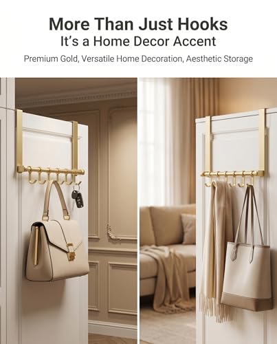 Over the Door Hooks, Gold 6 Hooks Adjustable Aluminum Door Hanger | Sliding Hooks Heavy Duty Door Hanger Organizer for Towel Coat Robe Hat Bag, No Drilling Over Door Rack for Bathroom Bedroom