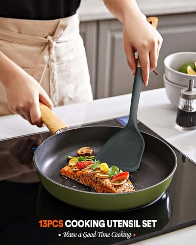 Kitchen Utensils Set, 13PCS Silicone Cooking Utensils, Heat Resistant Kitchen Utensil Spatula Set for Nonstick Cookware, Wooden Handles Kitchen Gadgets Tools Set - color: Gray