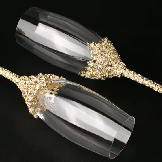 Gold Champagne Flutes - Crystal Glass Metal Base With Crystal Stones, Set of 2 Toasting Flute Pair, Wedding Anniversary Party Birthday Banquets and Gifts for Bride and Groom (Gold) - color: Gold